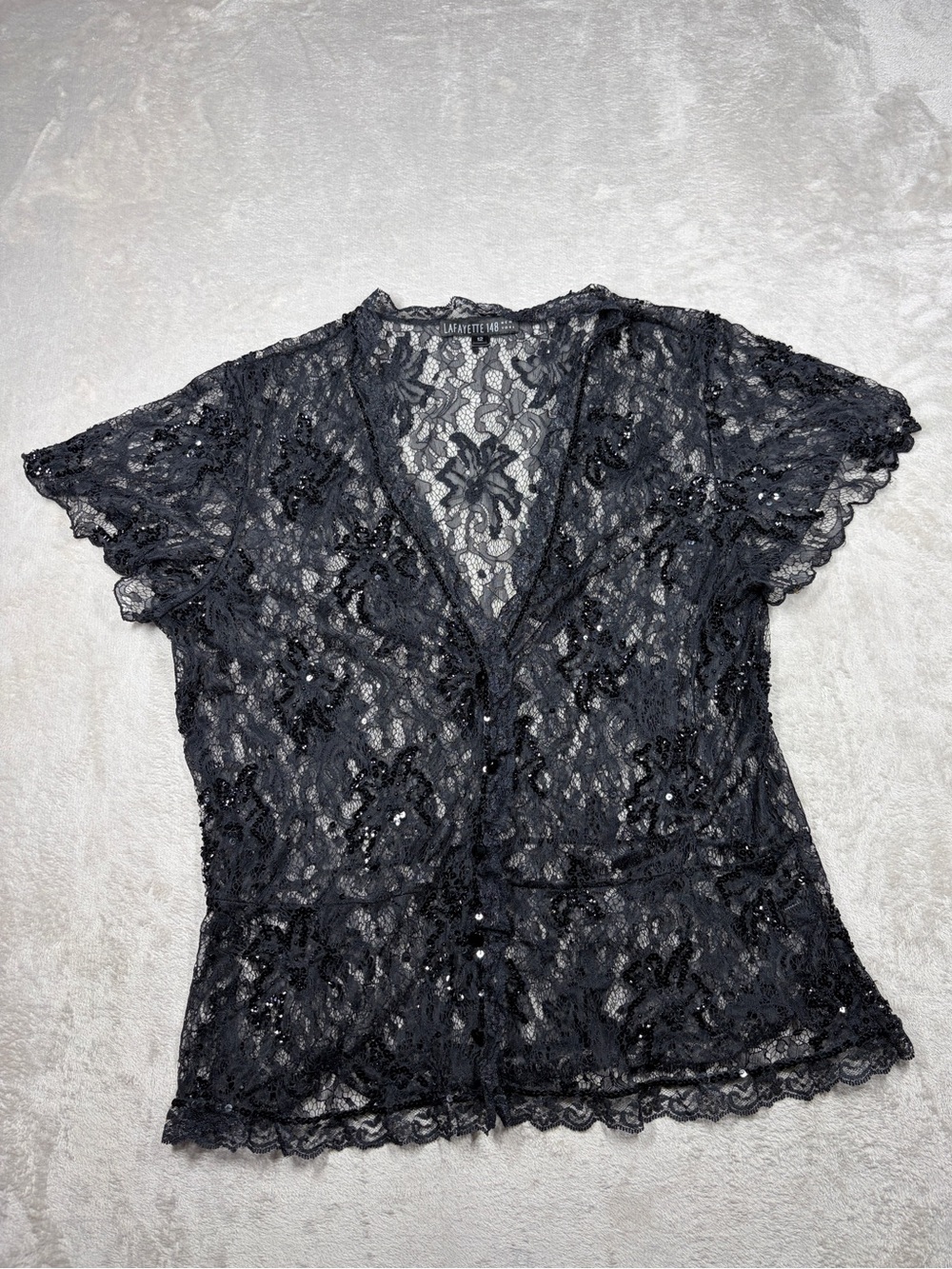 Lafayette 148 New York Black Floral Lace Sequin Semi Sheer Blouse Size 12